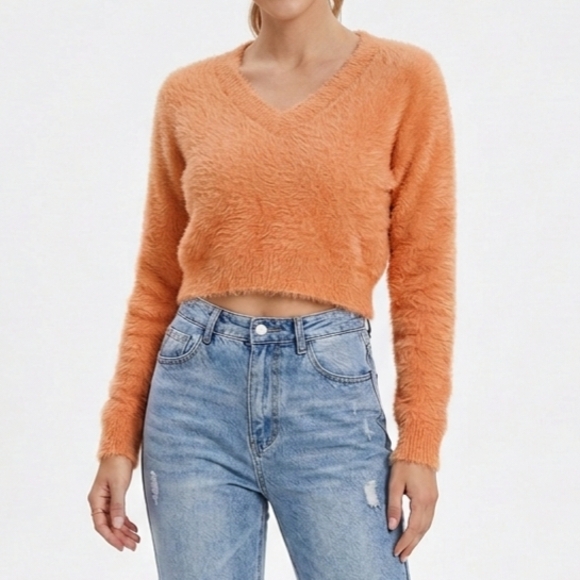 SHEIN Sweaters - NEW Shein Orange Cropped Fuzzy Sweater Size M Cozy Colorful Knit Y2K Fall Casual